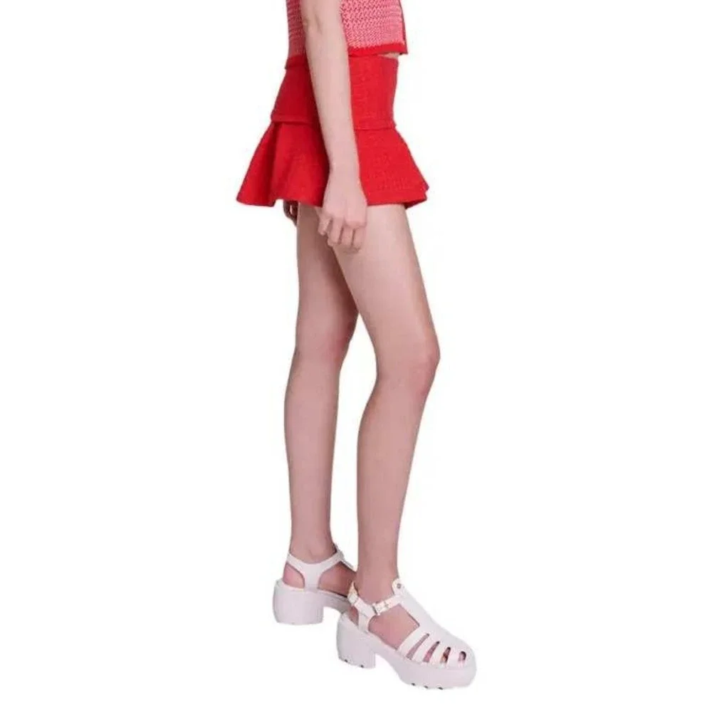 Maje Tweed Ruffled Pleated Asymmetrical Red Micro Mini Skort Skirt US S EU 36